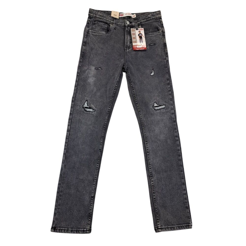 Levi 502 Jeans Boys Size 16 Reg Regular Taper LIght Black Distressed Denim